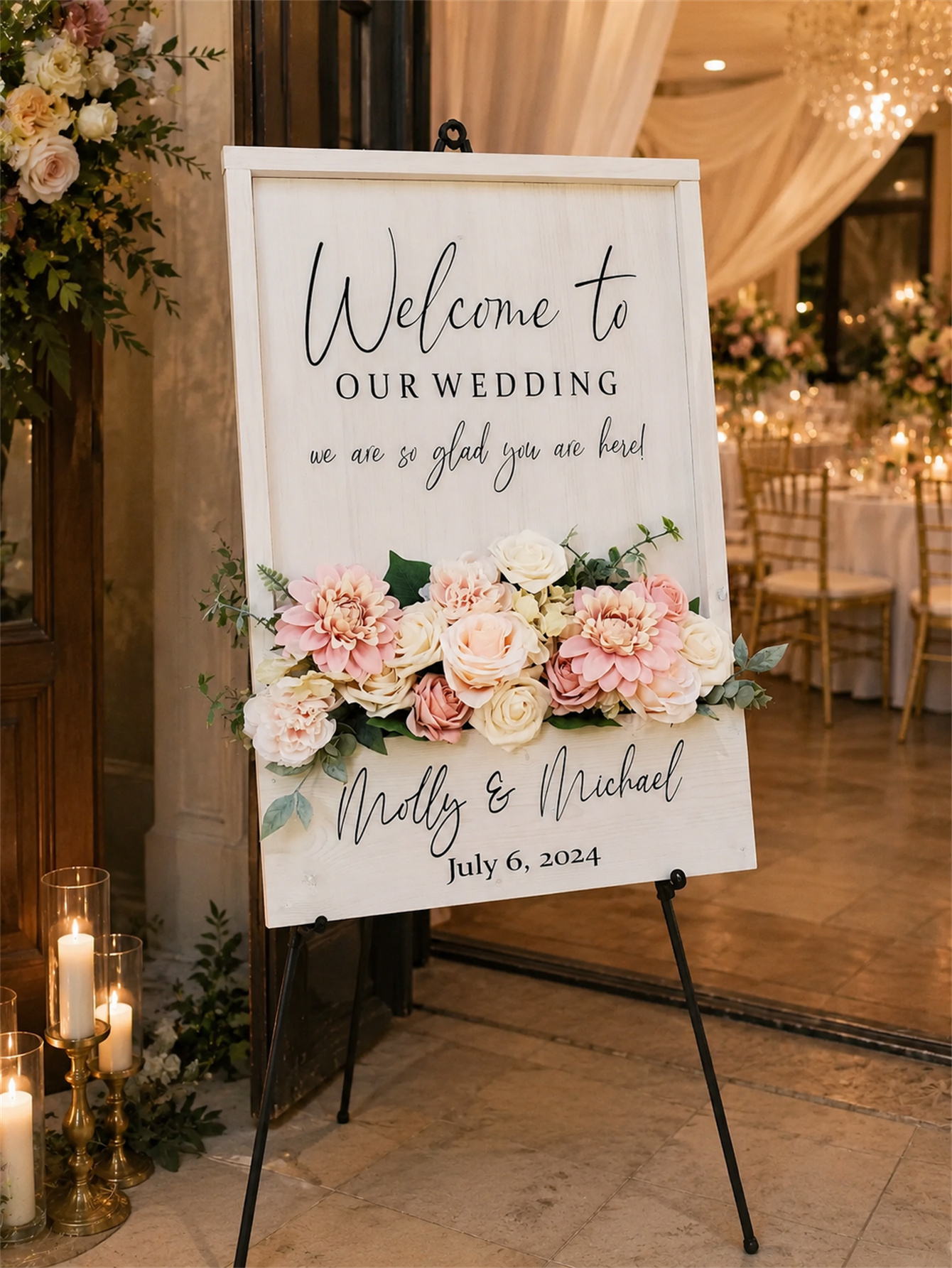 Wooden wedding welcome signs and flowers, custom flower box wedding signs, simple wedding entrance decorations, personalized name and date signs, ceremony reception